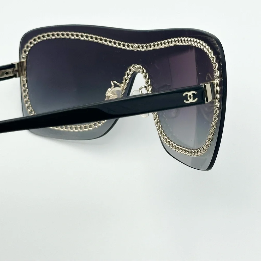 CHANEL Smoke Grey Black Sunglasses Gold Chain Detail Luxury Authentic Designer